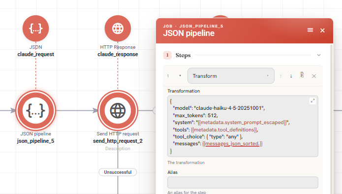 A JSON pipeline job building the Claude request, with model, max_tokens, system, tools, tool_choice and messages fields, followed by a Send HTTP request job