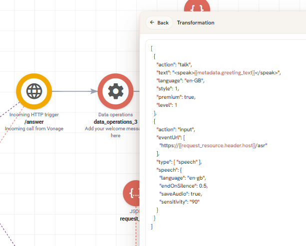 A JSON pipeline job whose transformation returns two Vonage actions: a talk action reading the greeting text, and an input action that transcribes speech and posts the result to the /asr path