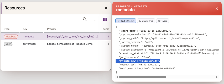 Resources window showing my_data_key set to Hello World! in metadata