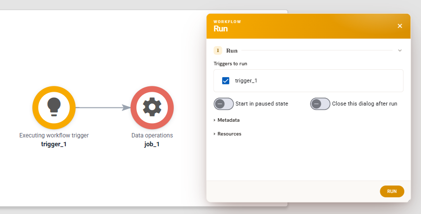 Run dialog with the workflow's single trigger selected
