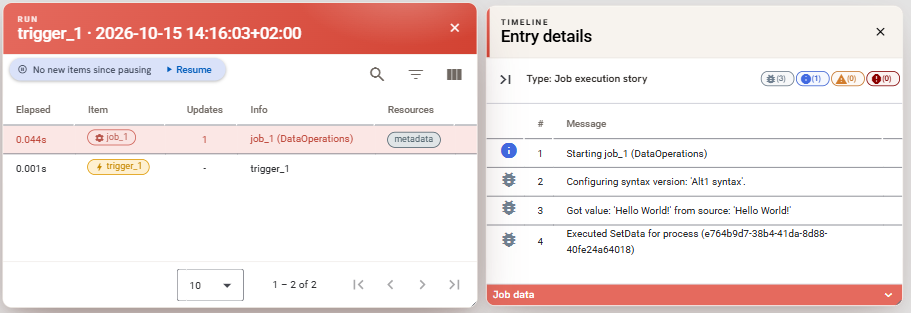 Timeline entry showing the Set data step and the stored Hello World! value