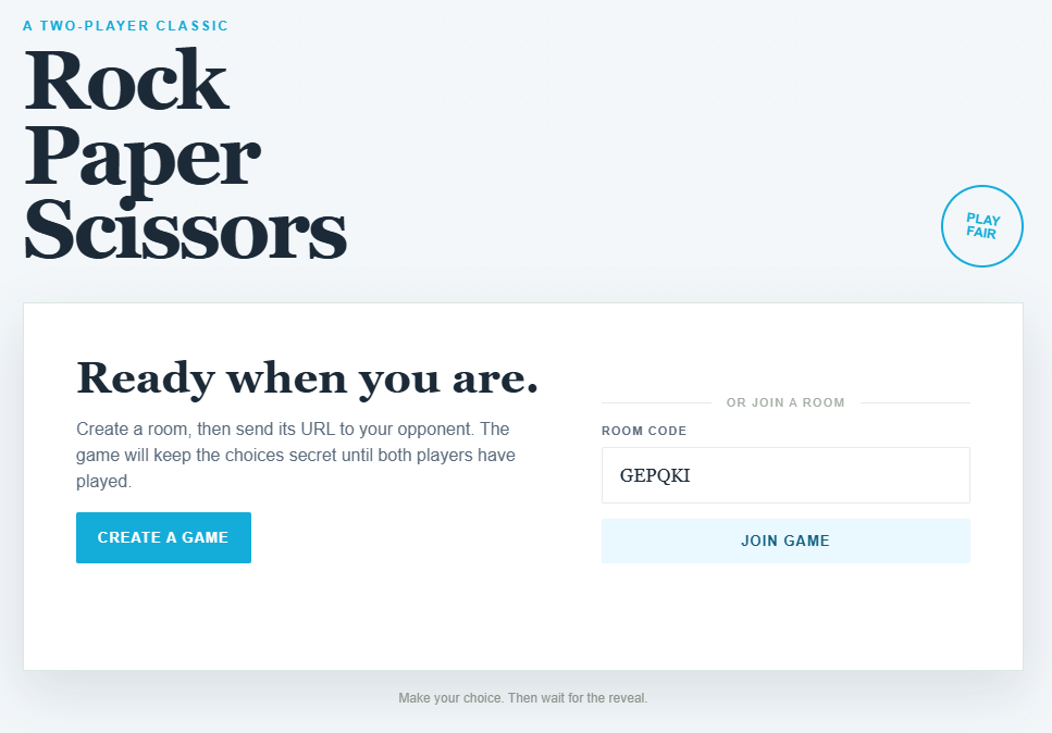 Rock Paper Scissors landing page showing the room creation and join UI