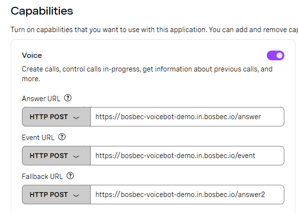 The Vonage application Capabilities panel with Voice enabled, showing Answer URL, Event URL and Fallback URL all set to HTTP POST against the channel subdomain